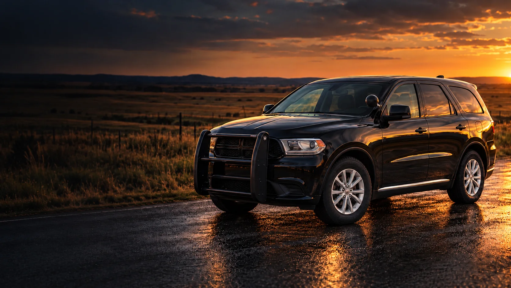 Bravo’s black Dodge Durango with silver wheels, front push bar and spotlight on a road at sunset