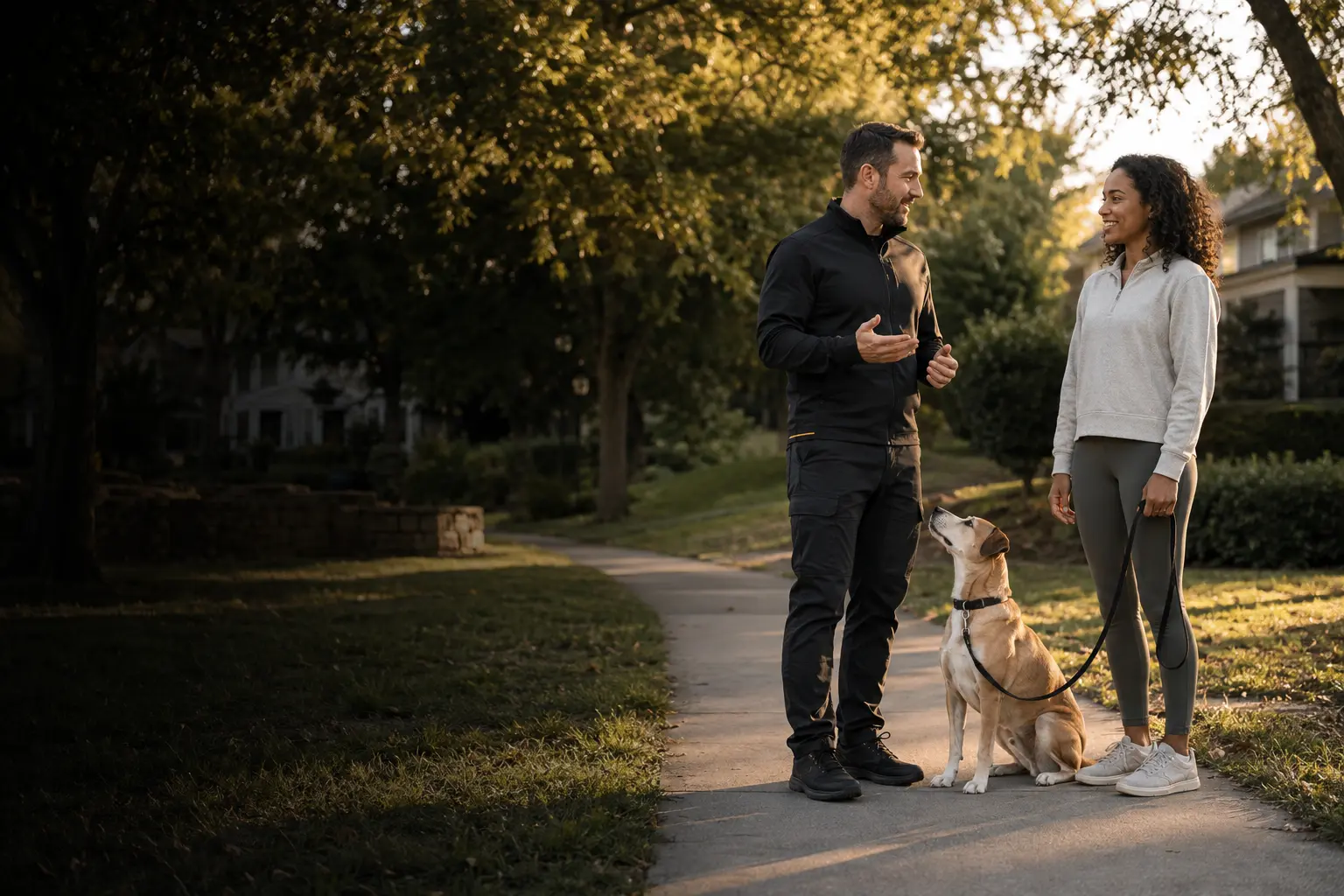 Trainer and dog owner practicing together outdoors