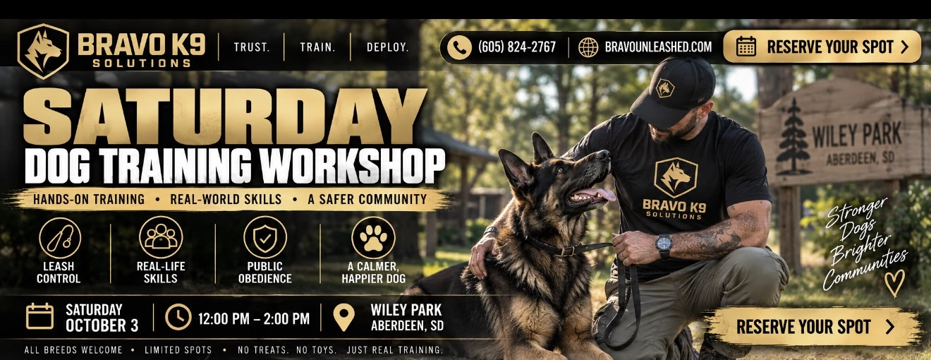 Bravo K9 Solutions Saturday Dog Training Workshop at Wiley Park in Aberdeen, South Dakota, Saturday October 3 from 12:00 PM to 2:00 PM.