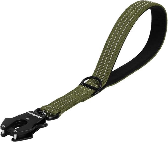Army-green PetBonus short leash with a padded handle and quick-release metal clip