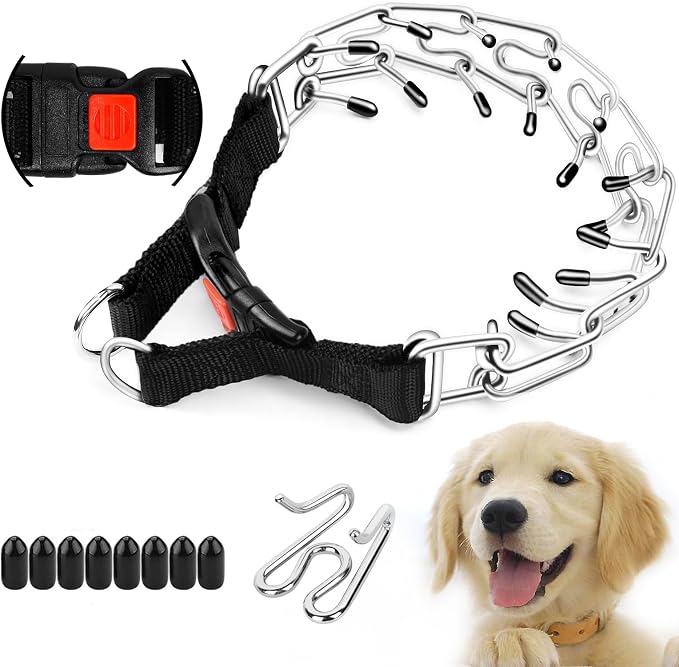 Supet metal prong collar with a quick-release buckle and extra links