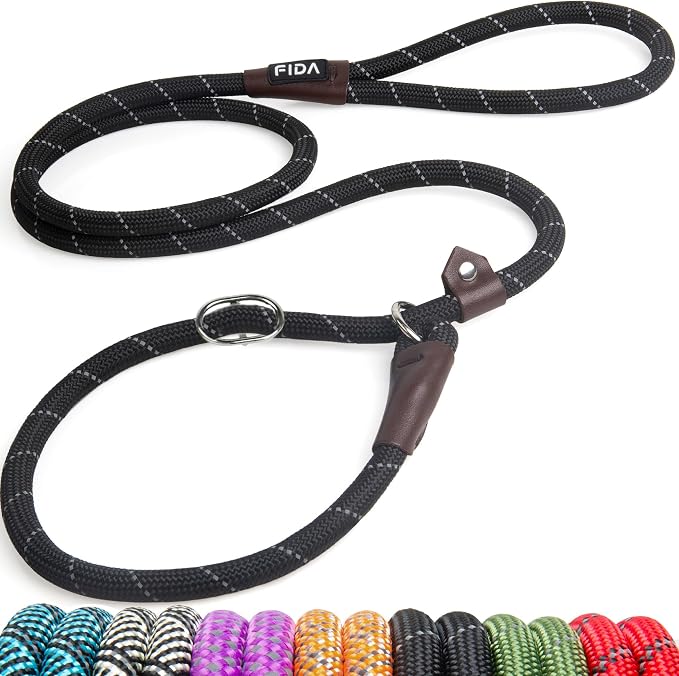 Black Fida rope slip lead with an adjustable loop and reflective stitching